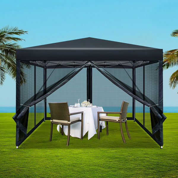Instahut Gazebo Pop Up Marquee 3X3 Wedding Side Mesh Wall Outdoor Gazebos Black Gazebos & Pergolas