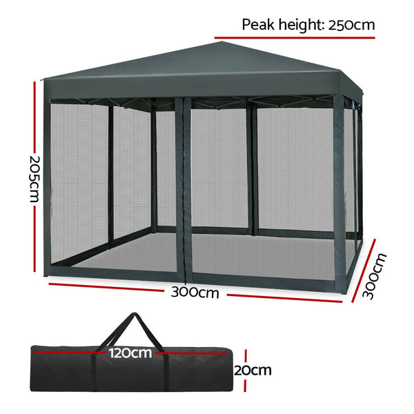 Instahut Gazebo Pop Up Marquee 3X3 Wedding Side Mesh Wall Outdoor Gazebos Grey Gazebos & Pergolas