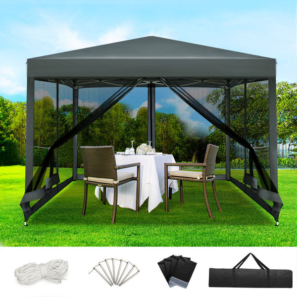 Instahut Gazebo Pop Up Marquee 3X3 Wedding Side Mesh Wall Outdoor Gazebos Grey Gazebos & Pergolas