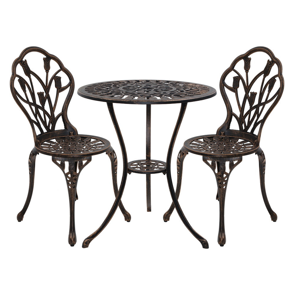 Gardeon 3Pc Outdoor Setting Cast Aluminium Bistro Table Chair Patio Bronze Patio Furniture Sets
