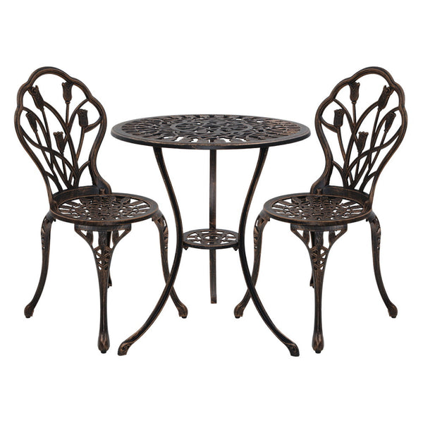 Gardeon 3Pc Outdoor Setting Cast Aluminium Bistro Table Chair Patio Bronze Patio Furniture Sets