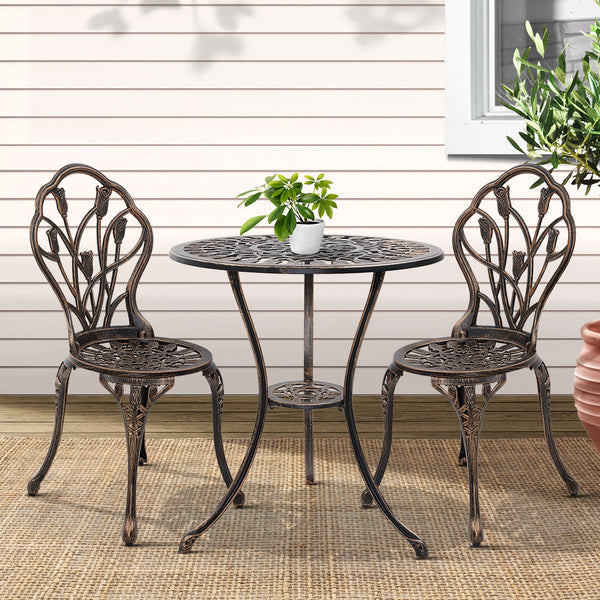 Gardeon 3Pc Outdoor Setting Cast Aluminium Bistro Table Chair Patio Bronze Patio Furniture Sets