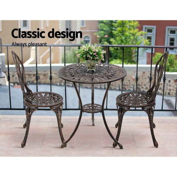 Gardeon 3Pc Outdoor Setting Cast Aluminium Bistro Table Chair Patio Bronze