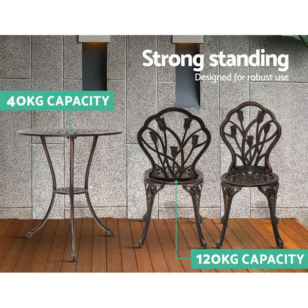 Gardeon 3Pc Outdoor Setting Cast Aluminium Bistro Table Chair Patio Bronze Patio Furniture Sets