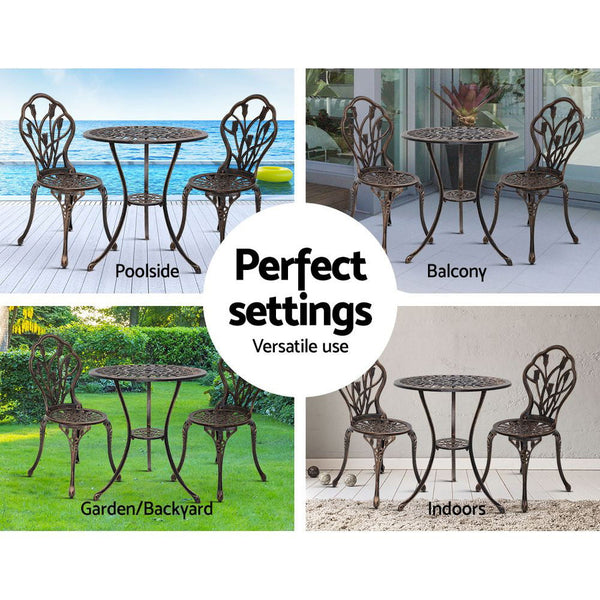 Gardeon 3Pc Outdoor Setting Cast Aluminium Bistro Table Chair Patio Bronze Patio Furniture Sets