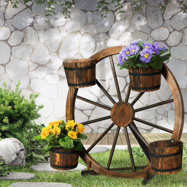 Gardeon Garden Ornaments Decor Wooden Wagon Wheel Rustic Outdoor Planter Flower