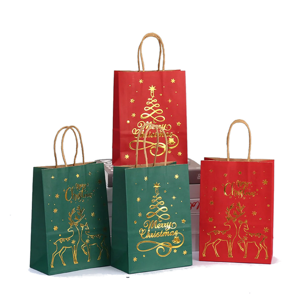 12 Pieces Kraft Paper Tote Christmas With Print Party Wrapping Gift Bags