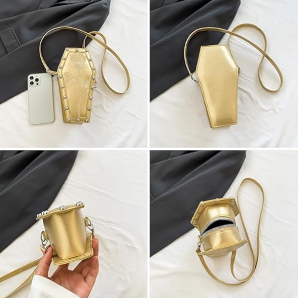 Gold Gothic Coffin Shaped Crossbody Bag With Embroidered Rose Unique Fashion Statement Women's Bags & Handbags