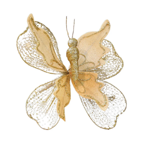 Gold Large Glitter Butterfly Christmas Ornaments (Set Of 2) Clip On Decorations For Trees & Wreaths Seasonal Decorations