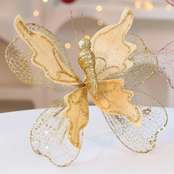 Gold Large Glitter Butterfly Christmas Ornaments (Set Of 2) Clip On Decorations For Trees & Wreaths Seasonal Decorations