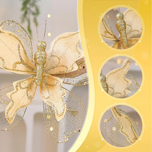 Gold Large Glitter Butterfly Christmas Ornaments (Set Of 2) Clip On Decorations For Trees & Wreaths Seasonal Decorations