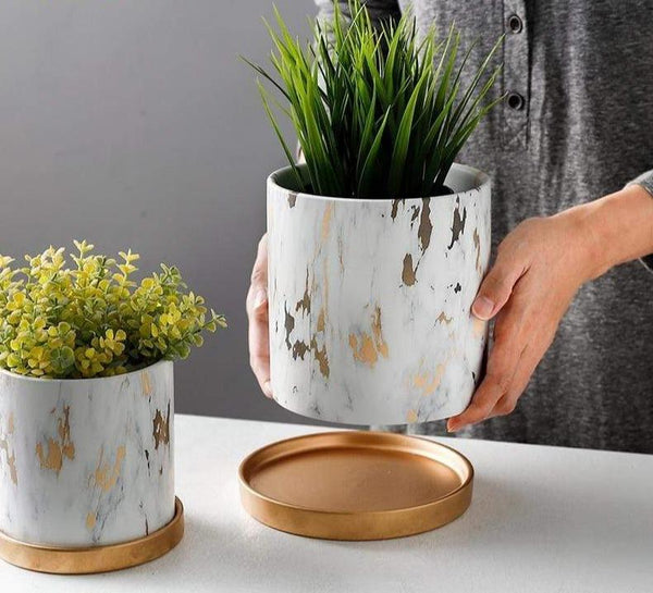 Marble Design White Pot With Gold Tray Nordic Decor Baskets Pots Window Boxes