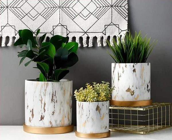 Marble Design White Pot With Gold Tray Nordic Decor Baskets Pots Window Boxes