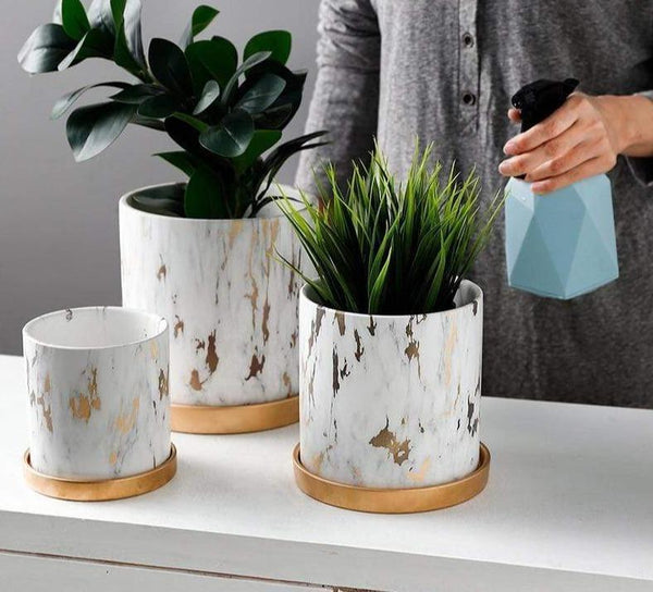 Marble Design White Pot With Gold Tray Nordic Decor Baskets Pots Window Boxes