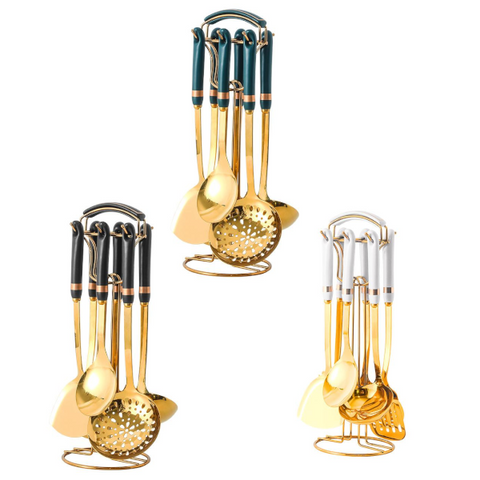 Golden Stainless Steel Kitchen Utensil Set With Colourful Ceramic Handles