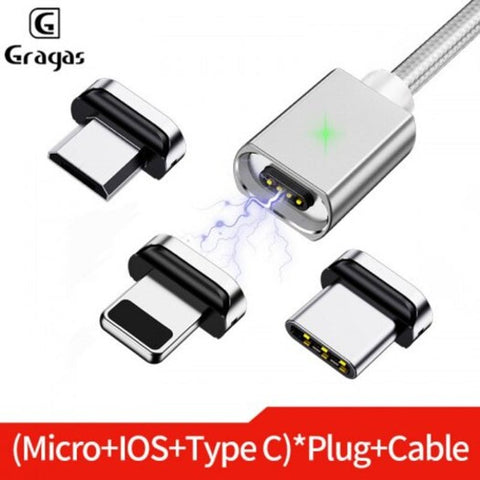 3A Nylon Magnetic Card Slot Charging Cable Three In One Led Indicator For Iphone Android Silver 1M