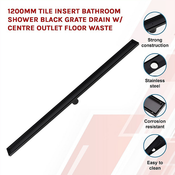 1200Mm Tile Insert Bathroom Shower Black Grate Drain W/Centre Outlet Floor Waste