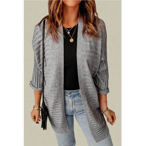 Gray Ribbed Open Front Knit Cardigan M Jumpers & Cardigans