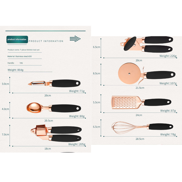 Green And Rose Gold 7 Piece Kitchen Gadget Set Stainless Steel Utensils With Comfort Grip Handles Serving Utensils & Sets