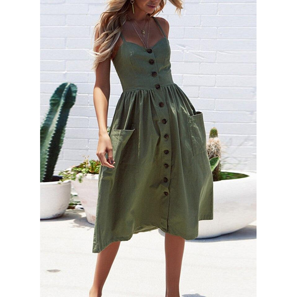 Green Boho Cotton Casual Midi Sundress Women Summer Dress