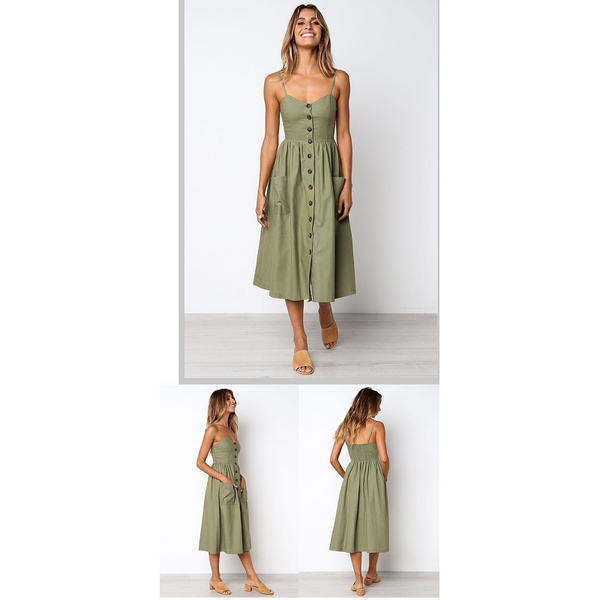 Green Boho Cotton Casual Midi Sundress Women Summer Dress