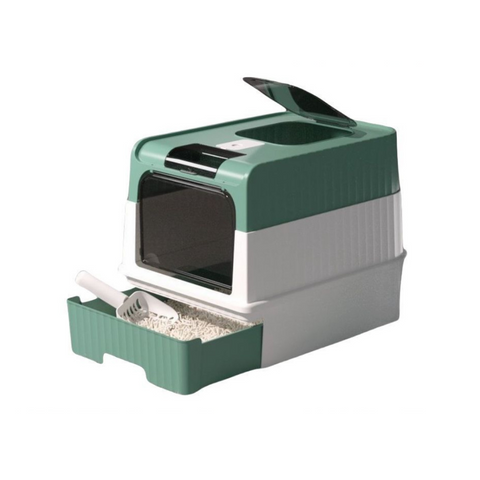 Green Large Enclosed Box With Drawer And Scoop Odor Control Removable Tray Easy Clean Design Cat Litter
