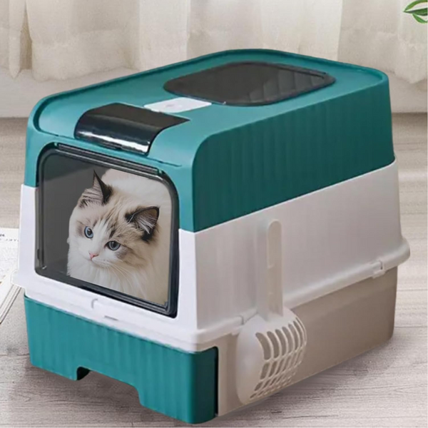 Green Large Enclosed Box With Drawer And Scoop Odor Control Removable Tray Easy Clean Design Cat Litter
