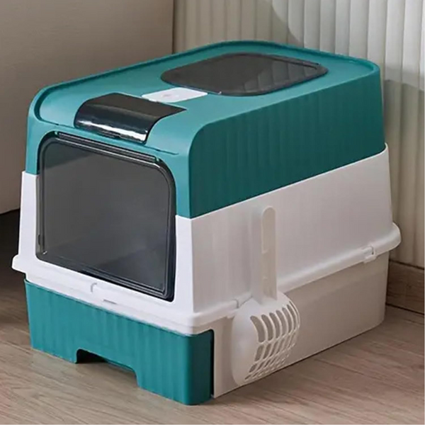 Green Large Enclosed Box With Drawer And Scoop Odor Control Removable Tray Easy Clean Design Cat Litter