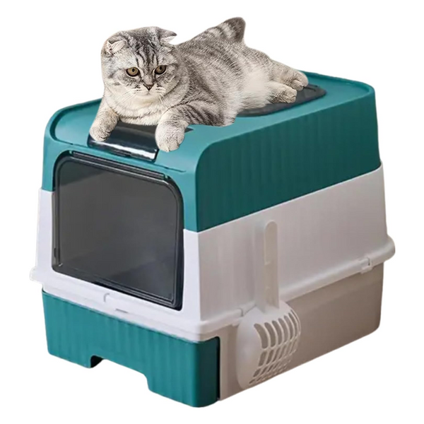 Green Large Enclosed Box With Drawer And Scoop Odor Control Removable Tray Easy Clean Design Cat Litter