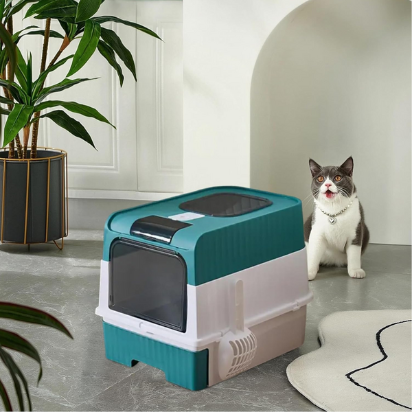 Green Large Enclosed Box With Drawer And Scoop Odor Control Removable Tray Easy Clean Design Cat Litter