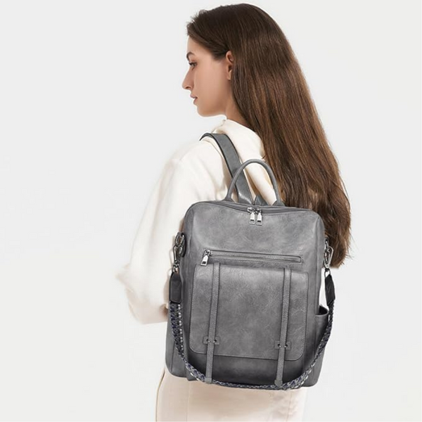Grey Retro Soft Pu Leather Backpack For Women Water Resistant Large Capacity Travel Rucksack With Dual Detachable Straps Women Backpacks