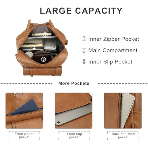 Grey Retro Soft Pu Leather Backpack For Women Water Resistant Large Capacity Travel Rucksack With Dual Detachable Straps Women Backpacks