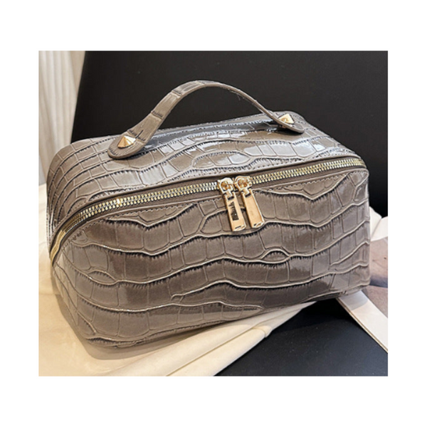 Grey Chic Croc Embossed Travel Makeup Case Large Capacity Cosmetic Organizer Bag Makeup Bags & Cases