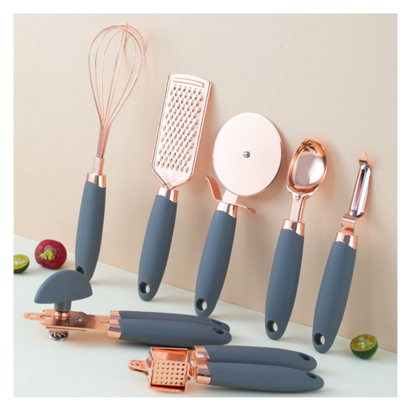 Grey And Rose Gold 7 Piece Kitchen Gadget Set Stainless Steel Utensils With Comfort Grip Handles Serving Utensils & Sets