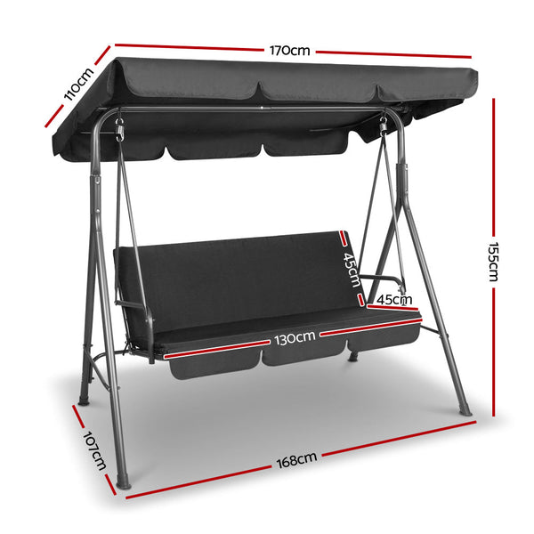 Gardeon Outdoor Furniture Swing Chair Hammock 3 Seater Bench Canopy Black Swing Seats