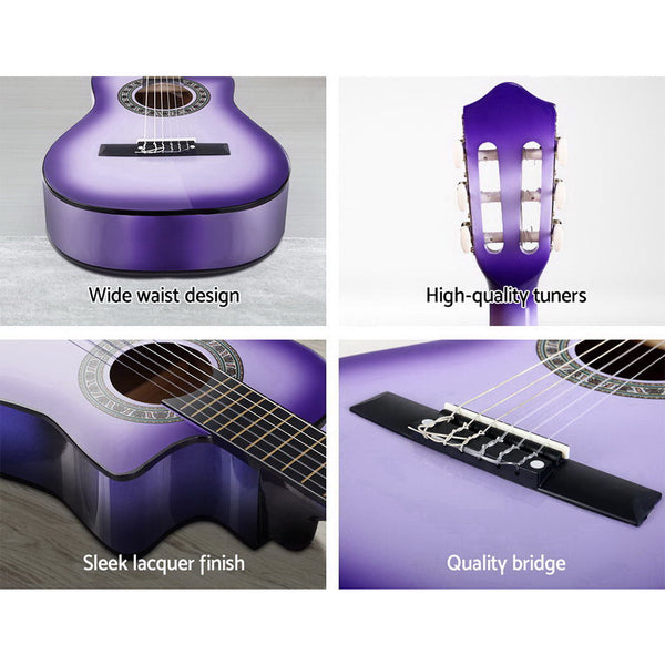 Alpha 34" Inch Guitar Classical Acoustic Cutaway Ideal Kids Gift Children 1/2 Size Purple Acoustic Guitars