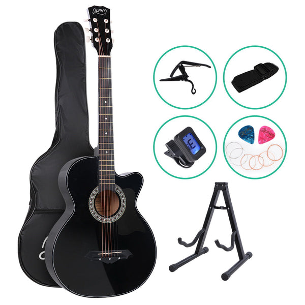 Alpha 38 Inch Acoustic Guitar With Accessories Set Black Acoustic Guitars