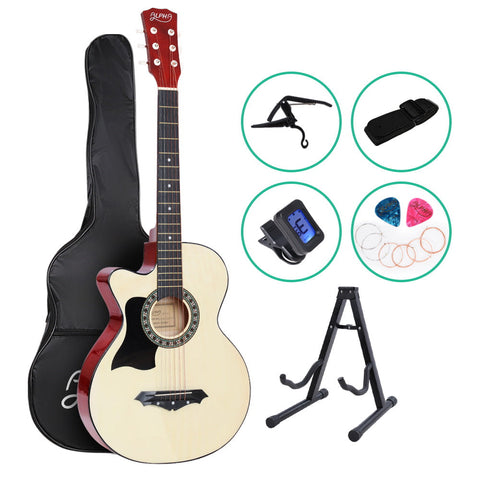 Alpha 38 Inch Wooden Acoustic Guitar Left Handed With Accessories Set Natural