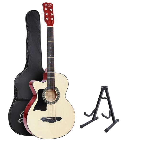 Alpha 38 Inch Acoustic Guitar Left Handed With Accessories Set Natural Acoustic Guitars