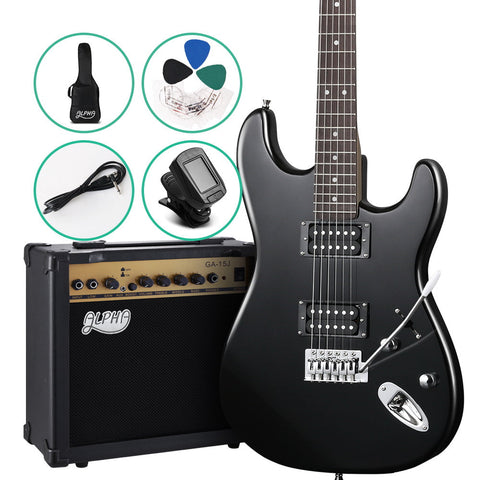 Alpha Electric Guitar And Amp Music String Instrument Rock Black Carry Bag Steel