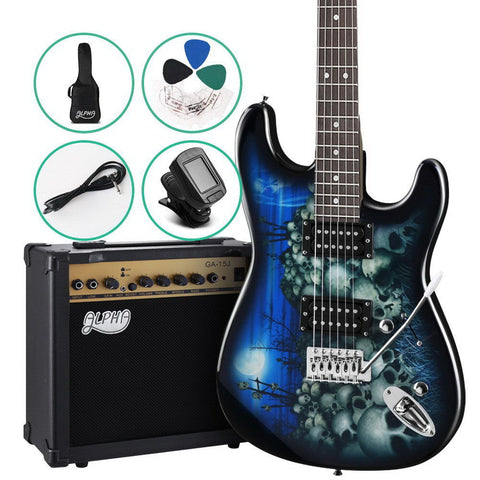 Alpha Electric Guitar And Amp Music String Instrument Rock Blue Carry Bag Steel