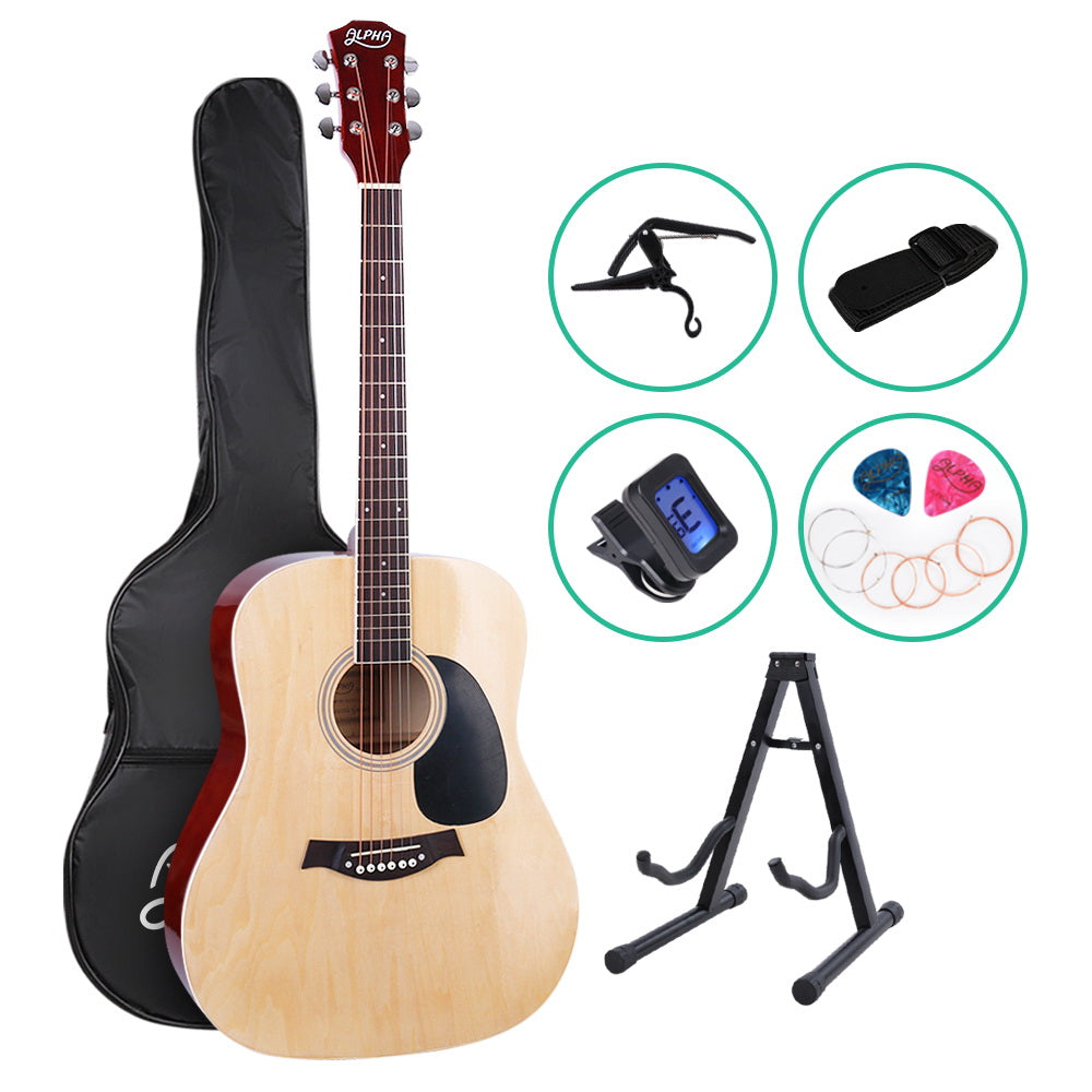 Alpha 41 Inch Acoustic Guitar With Accessories Set Natural Acoustic Guitars