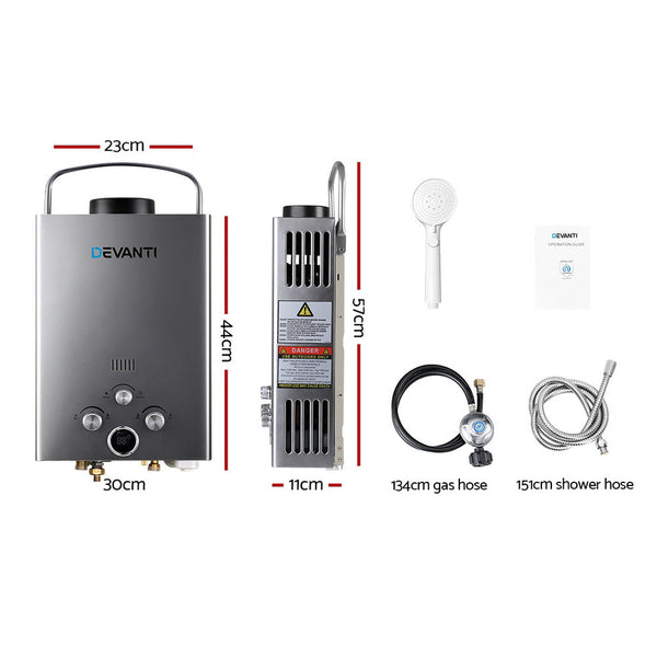 Devanti Gas Water Heater 8Lpm Outdoor Camping Shower Grey Water Heaters