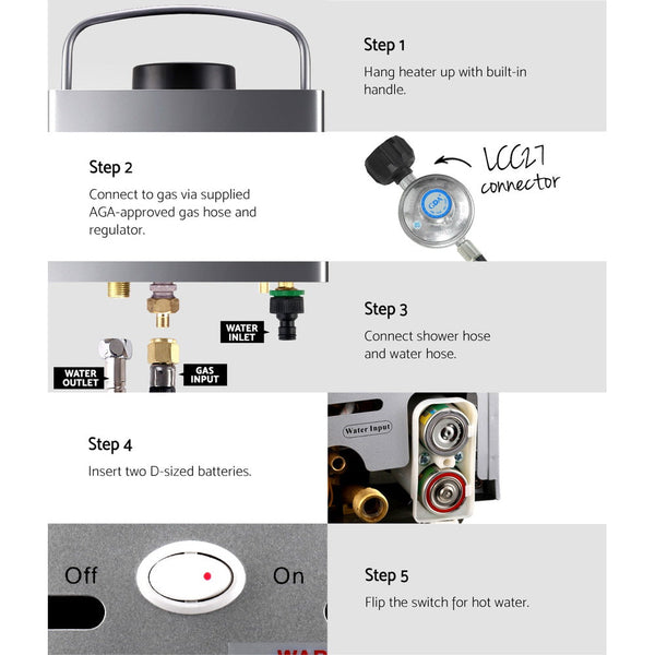 Devanti Gas Water Heater 8Lpm Outdoor Camping Shower Grey Water Heaters