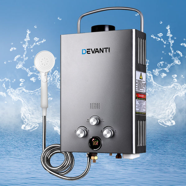 Devanti Gas Water Heater 8Lpm Outdoor Camping Shower Grey Water Heaters