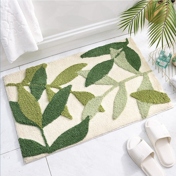 Green Leaves Non Slip Microfibre Soft Bath Mat Bath Mats Rugs & Toilet Covers