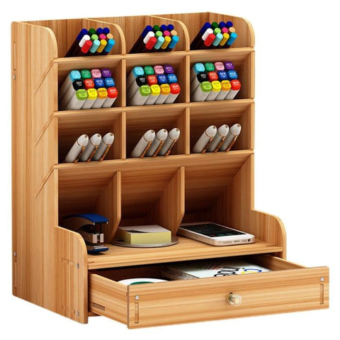 Wooden Pen Holder Desktop Stationery Organiser Home Office Storage
