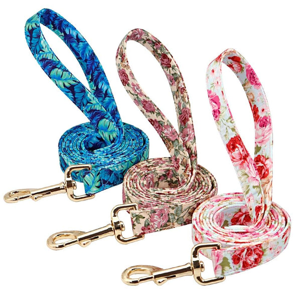 Handmade Personalized Floral Nylon Printed Dog Collar Leash Sets Leads & Head Collars