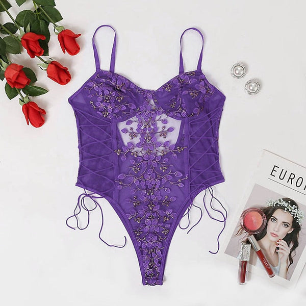 Floral Embroidery Mesh Lace Up  Bodysuit Lingerie Women Bodysuits