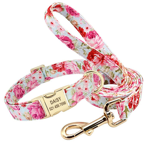 Handmade Personalized Floral Nylon Printed Dog Collar Leash Sets Leads & Head Collars